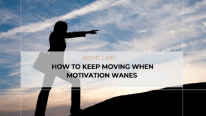 Illustration showing an ADHD entrepreneur taking small steps forward with energy and focus, representing building momentum despite motivation dips.