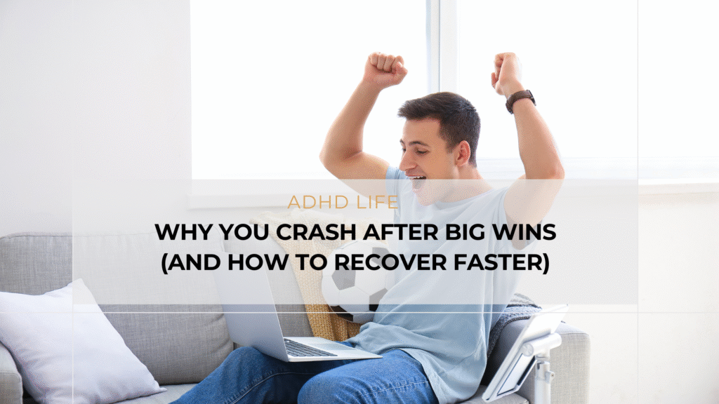 ADHD entrepreneur feeling drained after completing a big project, symbolizing the ADHD pressure drop and need for recovery strategies