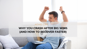 ADHD entrepreneur feeling drained after completing a big project, symbolizing the ADHD pressure drop and need for recovery strategies